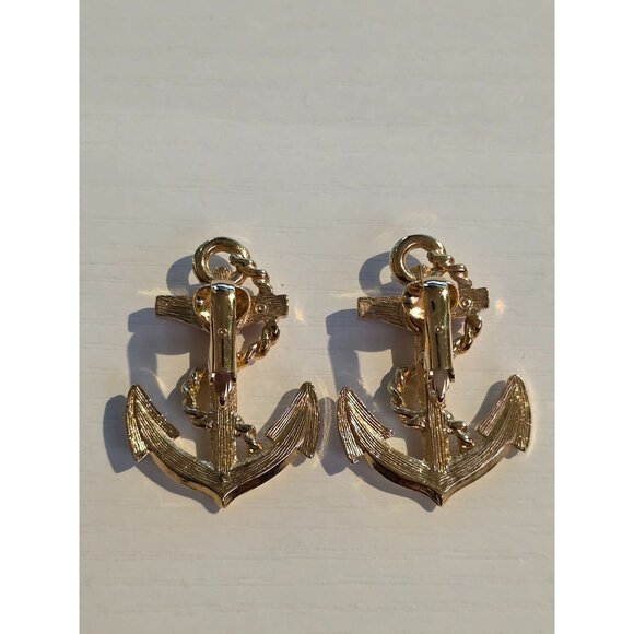 Vintage Avon Gold Red Enamel Navy Anchor Nautical Clip On Earrings - Picture 6 of 8
